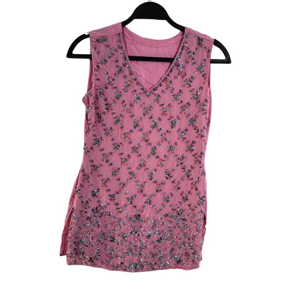 Pink Embroidered Floral Tank Top V-Neck Sleeveless Women's Size XXS
